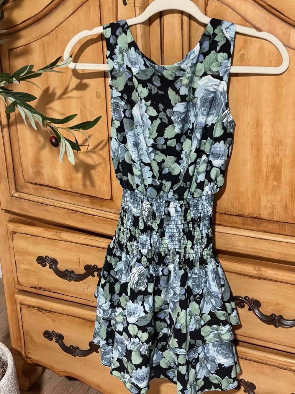 Black blue Floral mini smocked Dress